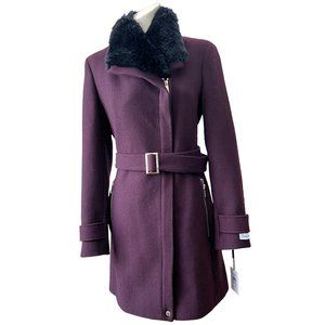 NEW! Calvin Klein Faux-Fur-Trim Asymmetrical Wool Belted Coat Burgundy, Size 6